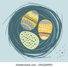 Decorated Easter eggs in a nest of branches. For the decoration of the Easter holiday. Vector illustration on a gray background. EPS 10.