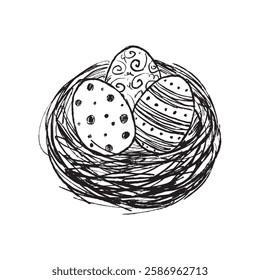 Decorated Easter eggs in nest drawing in black brush stroke texture isolated on white background. Hand drawn vector sketch illustration in vintage charcoal ink. Greeting card design, holiday symbol