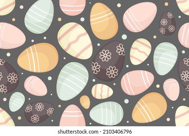 Decorated Easter eggs on dark background, seamless pattern. Easter background. Design for textiles, packaging, wrappers, greeting cards, paper, printing. Vector illustration