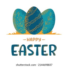 Decorated Easter eggs on a grass. Happy easter hand drawn text.  Easter concept on transparent background. Vector illustration for banner, poster, flyer, greeting card, invitation