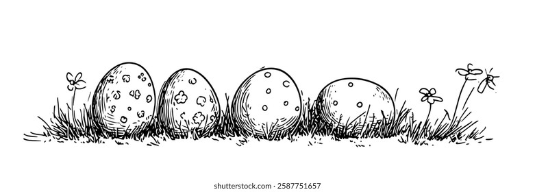 decorated easter eggs on grass with flowers in hand-drawn line art style