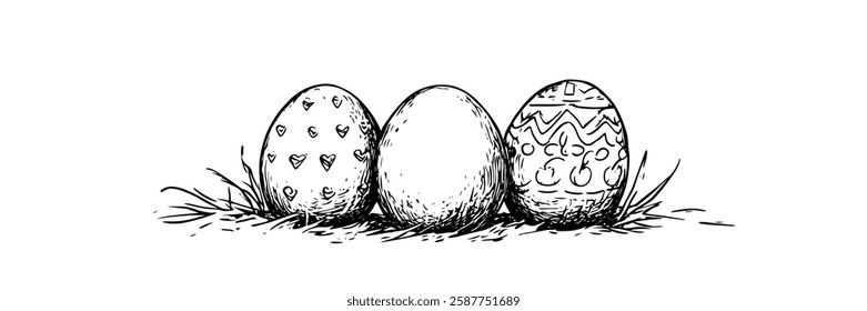 decorated easter eggs on grass in hand-drawn line art style