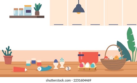 Decorated Easter Eggs on Kitchen Table. Home Interior Background with Colored Eggs and Ingredients for Decoration, Paints, Basket, Cooking Pan on Wooden Desk. Cartoon Vector Illustration