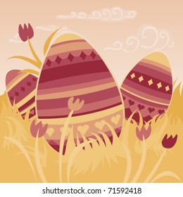 decorated easter eggs on a meadow