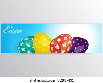 Decorated Easter Eggs Over Blue Sky with Text Banner 