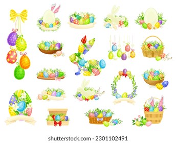 Decorated Easter Eggs or Paschal Eggs in Basket and Grass Nest Big Vector Set