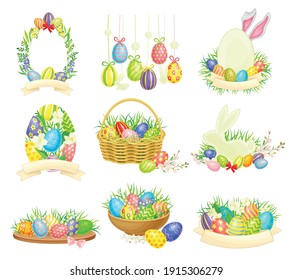 Decorated Easter Eggs or Paschal Eggs Rested in Basket and Grass Nest Vector Arrangement Set