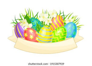 Decorated Easter Eggs or Paschal Eggs Rested in Green Grass with Spring Flowers and Ribbon Vector Arrangement