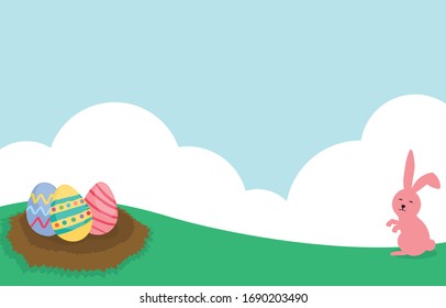 Decorated Easter Eggs and pink rabbit background.