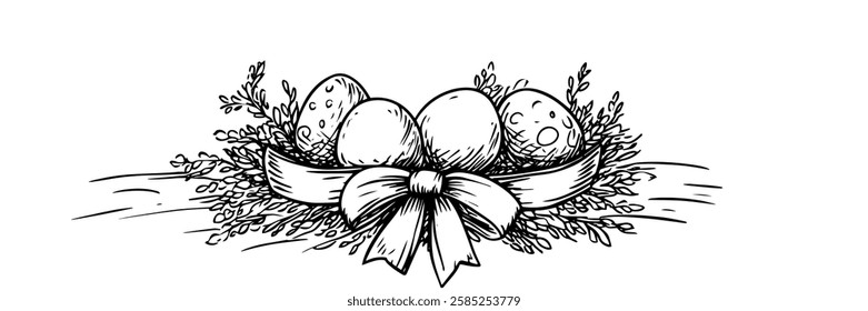 decorated easter eggs with ribbon and branches vector doodle black sketch illustration