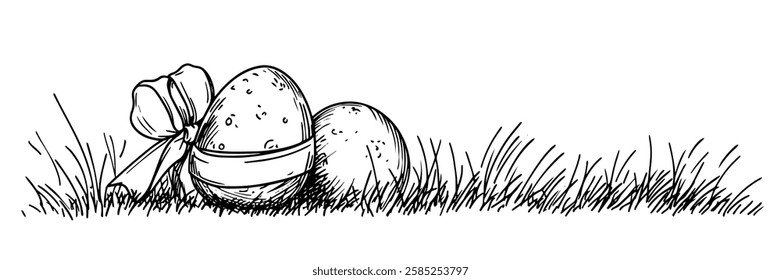 decorated easter eggs with ribbon in grass vector doodle black sketch illustration