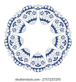 Decorated Easter eggs round frame with floral accents in Scandinavian blue line art style. Vector isolated illustration on white background.