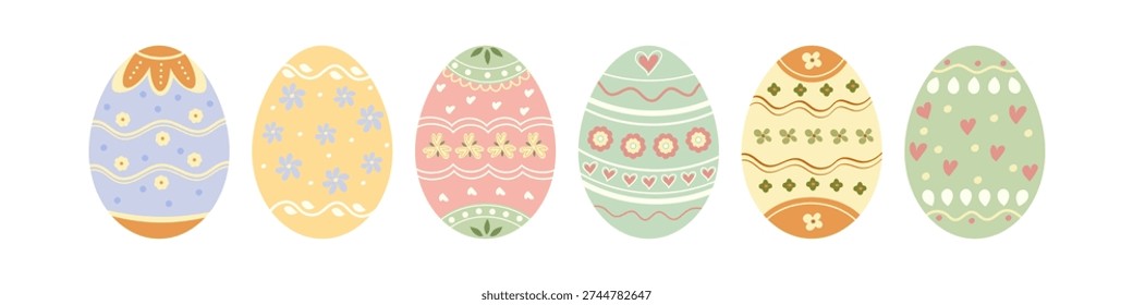 Decorated Easter eggs set in pastel colors. Flat vector illustration.