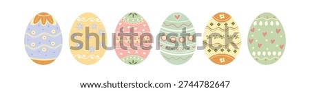 Decorated Easter eggs set in pastel colors. Flat vector illustration.