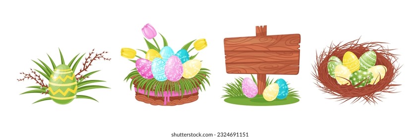 Decorated Easter Eggs and Tulips Flower as Spring Holiday Symbol Vector Set