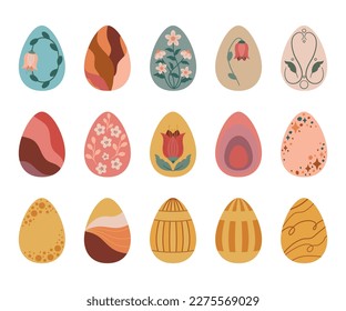 Decorated Easter eggs vector set. Happy Easter boho illustration. Spring design with cute flower.  April party decoration.