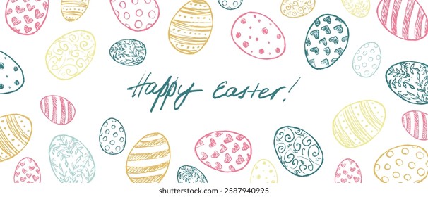 Decorated Easter pastel eggs frame drawing in black brush stroke texture isolated on white background. Hand drawn vector sketch illustration in vintage charcoal ink. Easter decoration, holiday symbol