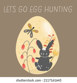 Decorated egg with a black hare, bunny, 
 rabbit, abstract flowers, butterfly, in boho palette, the inscription Let's go hunting for eggs.