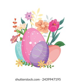 Huevos decorados adornados con flores vibrantes y hojas delicadas. Para imprimir, tarjeta. Elementos de diseño de Pascua