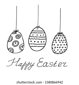 decorated eggs with dots and circles on the ropes with bows and Happy Easter lettering in hand drawn style.