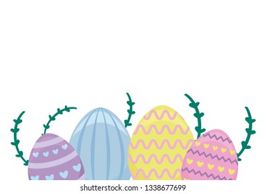 decorated eggs of easter with branch and leaves