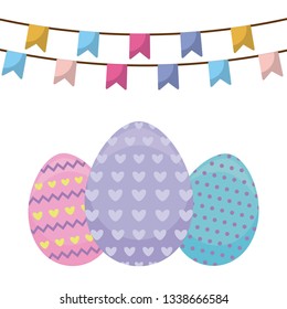 decorated eggs of easter with garlands hanging
