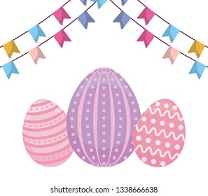 decorated eggs of easter with garlands hanging