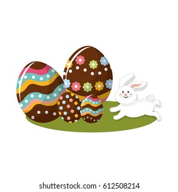 decorated eggs easter and rabbit running