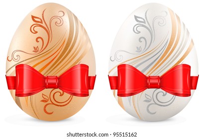 Decorated eggs with red ribbon isolated on white background, vector illustration