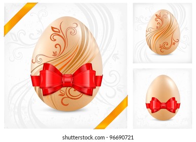 Decorated eggs with red ribbon isolated on floral background, vector illustration