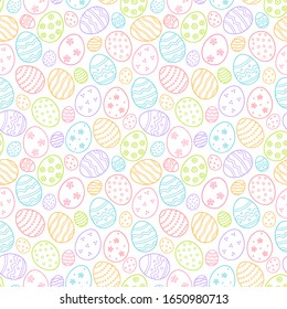 Decorated eggs as a symbol of the great Easter. Seamless pattern in doodle style. Color hand drawn vector illustration