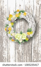 Decorated elegant Easter wreath with eggs flowers and leafs - on rustic wooden background