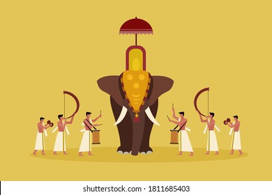 Decorated elephant with people playing percussion instruments.A scene from Kerala's religious festival 