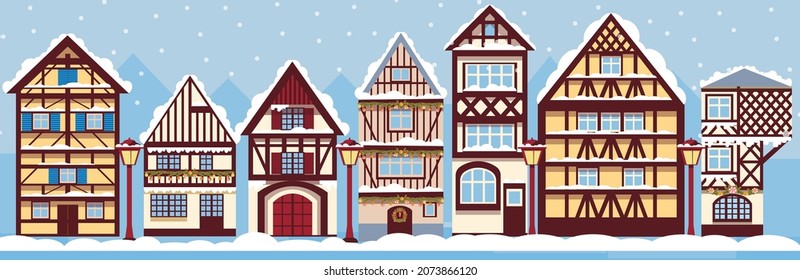 Decorated  european Timber houses. Snowy day in cozy christmas town city panorama. Winter christmas village day landscape. template of horizontal banner. Vector illustration in flat cartoon style.