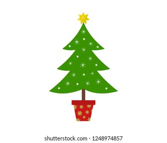 Decorated evergreen Christmas tree in pot icon. Vector illustration.