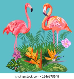 Decorated with exotic rain forest jungle palm tree monstera green leaves and couple of pink flamingo birds