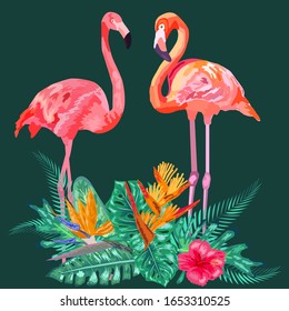 Decorated with exotic rain forest jungle palm tree monstera leaves and couple of pink flamingo birds