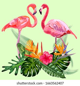 Decorated with exotic rain forest jungle palm tree monstera leaves and couple of pink flamingo birds