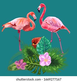 Decorated with exotic rain forest jungle palm tree monstera leaves and couple of pink flamingo birds