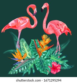 Decorated with exotic rain forest jungle palm tree monstera leaves and couple of pink flamingo birds