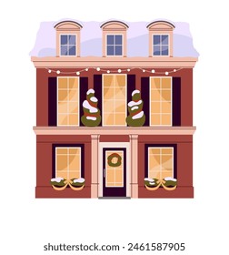 Decorated facade of house for Xmas, New year celebration. Christmas trees, wreath, garland, ribbon in front of home. Building with snow roof in winter. Flat isolated vector illustration on white