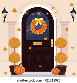 Decorated fall house door with leaves and wreath. Flat style vector illustration.