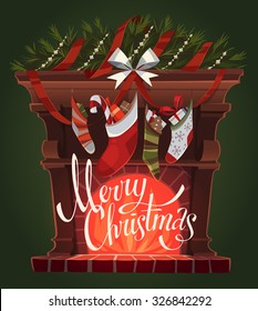 Decorated fireplace. Christmas greeting card \ background \ poster. Vector illustration.