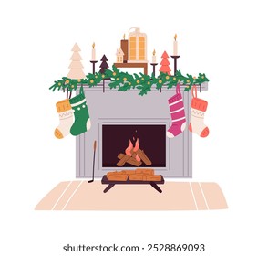 Decorated fireplace with Christmas ornaments. Fireside with hanging Xmas socks, candles. Winter holiday interior decoration. New Year home decor. Flat isolated vector illustration on white background