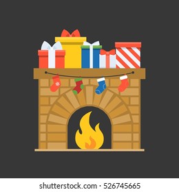 Decorated fireplace and present boxes with socks, flat design vector