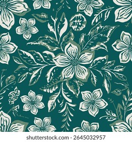 decorated with floral and leaf motifs in white and light green tones on a calm green background in medium tones