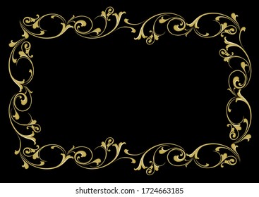 Decorated frame, ornaments gold and yellow on a black background. Traditional Argentinian, Buenos Aires style. Flowers, climbing plant style. Vector illustration.