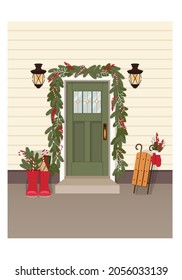 Decorated front door for Christmas, garland of green spruce and pine, with red berries, sweets, and white branches, with red boots, and a sleigh with mittens, vector picture for postcards, prints