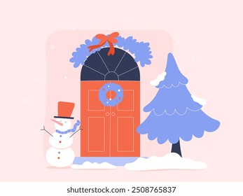 Decorated front door with snowman and a Christmas tree, Christmas festival illustration