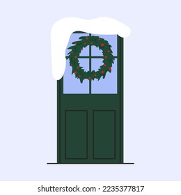 Vector de puerta delantera decorada Ilustración. La corona de Navidad en la puerta.
